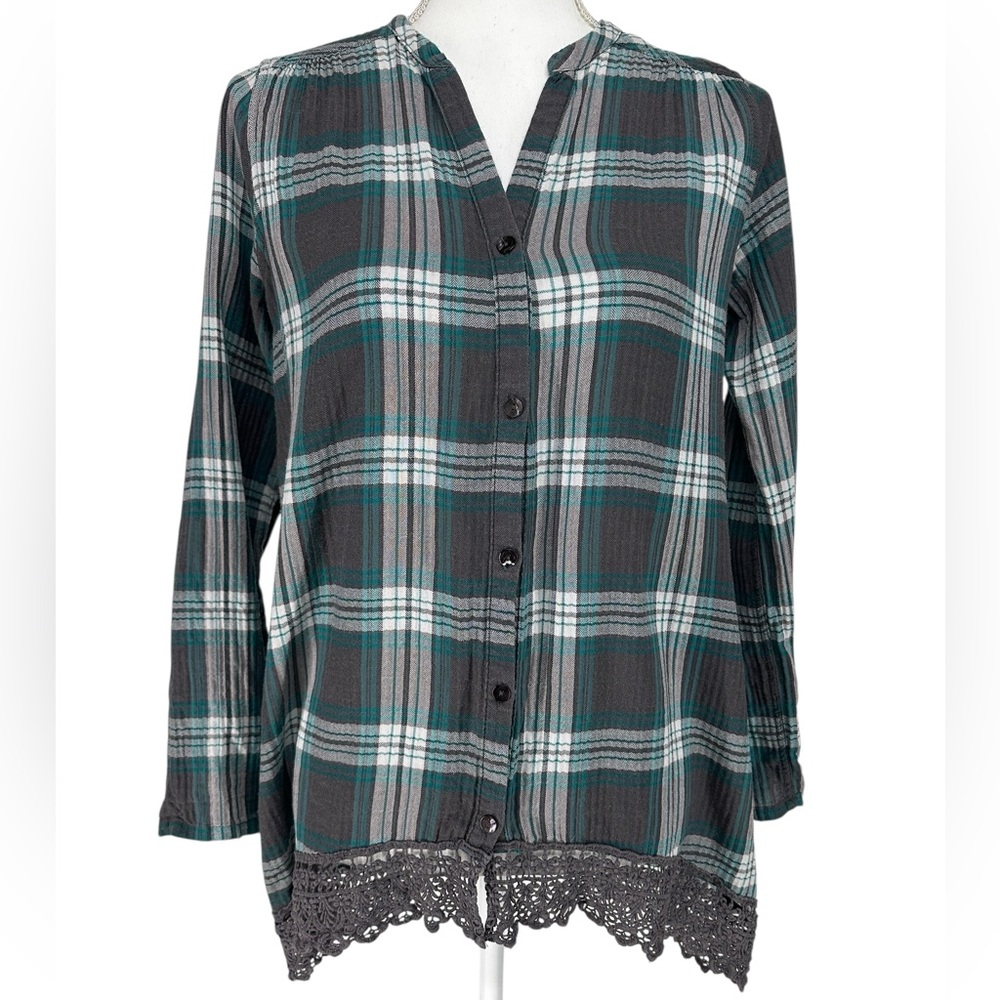 WALLPAPHER / Gray and Teal Flannel Shirt / Small / Emo Western Y2K Lace Festival